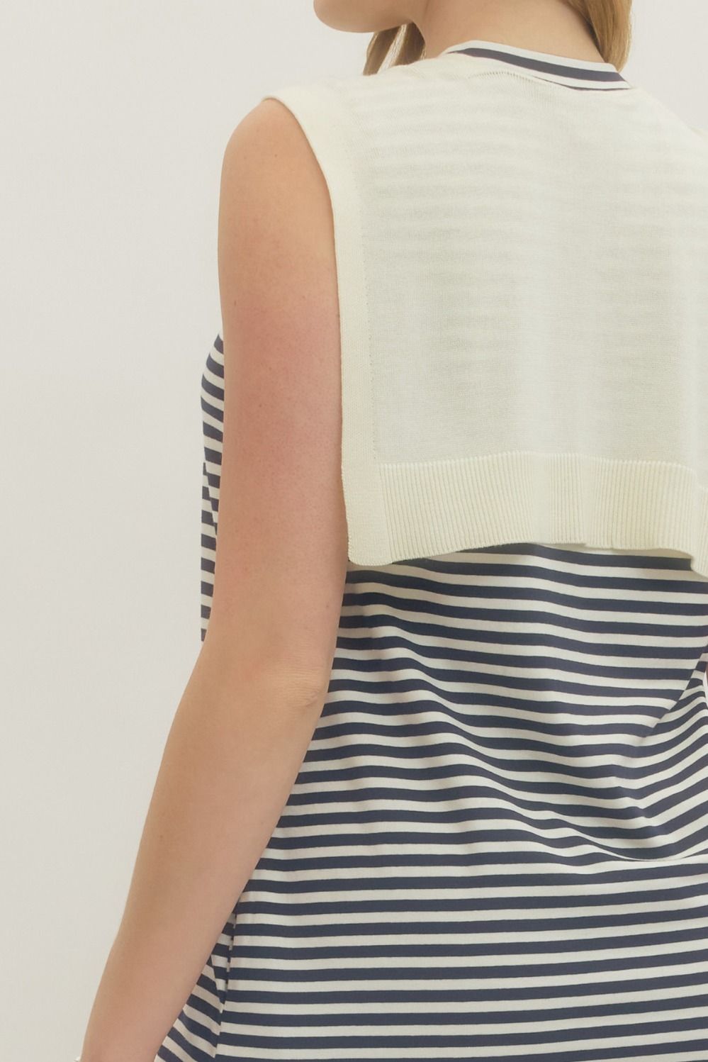 Navy Striped Sleeveless Mini with Knit Scarf Drape