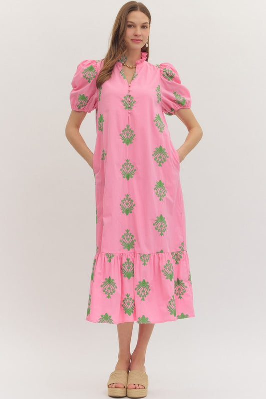Botanical Embroidery Puff Sleeve Midi
