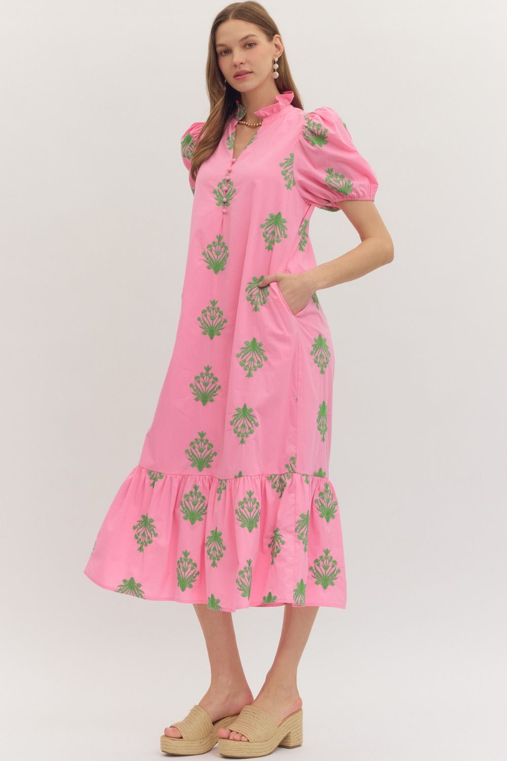 Botanical Embroidery Puff Sleeve Midi