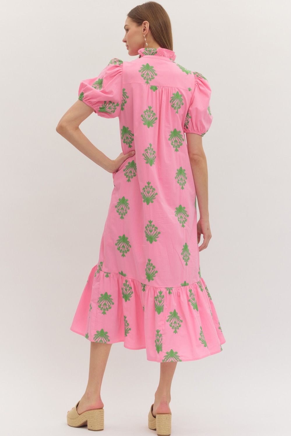 Botanical Embroidery Puff Sleeve Midi