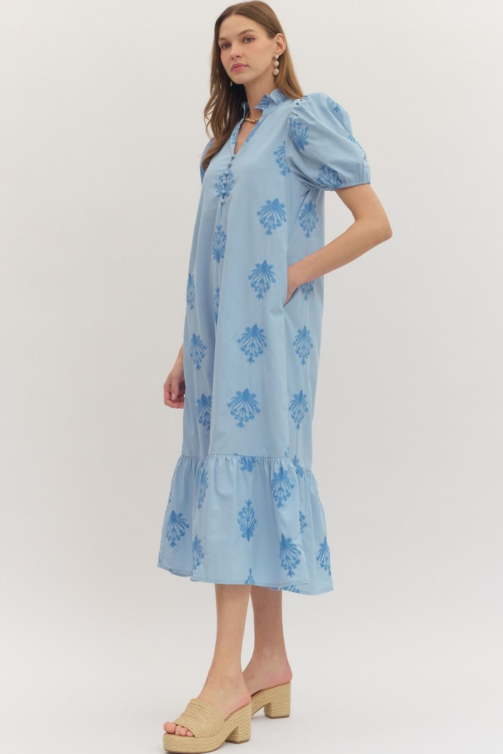 Botanical Embroidery Puff Sleeve Midi