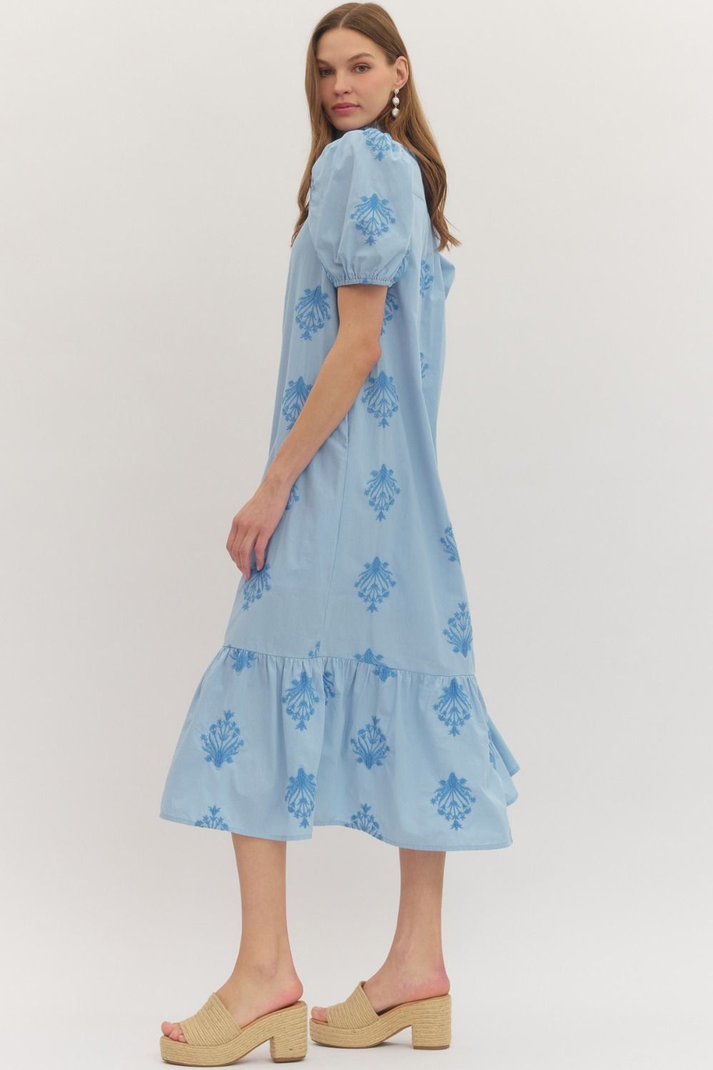 Botanical Embroidery Puff Sleeve Midi
