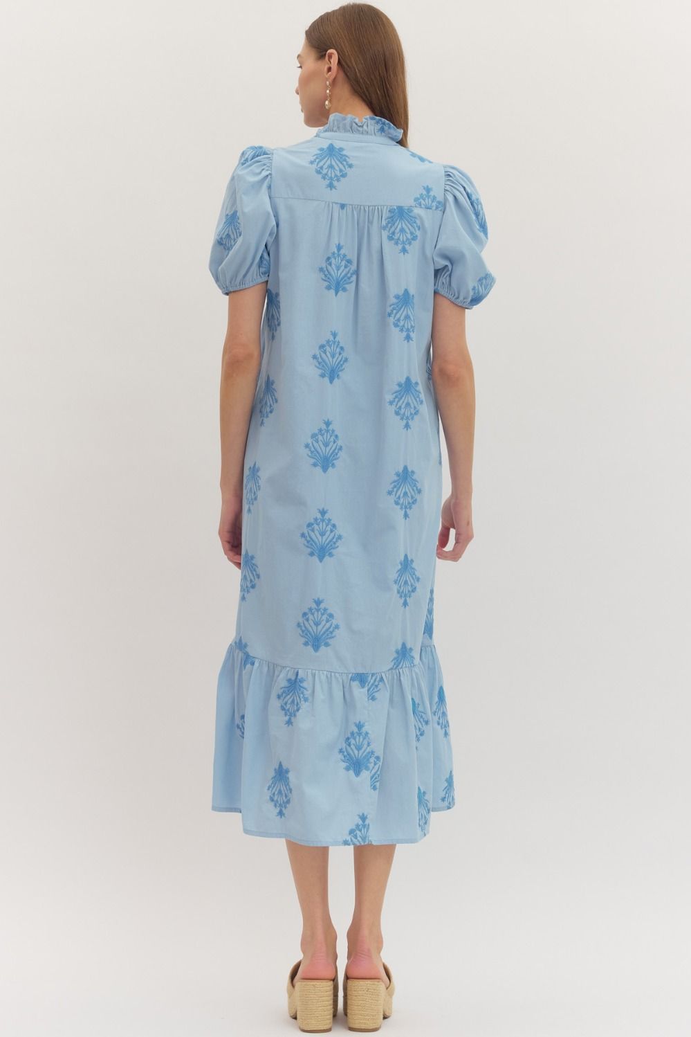 Botanical Embroidery Puff Sleeve Midi