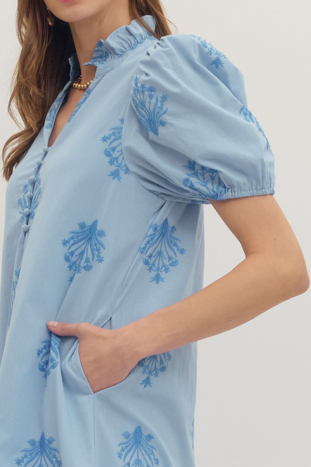 Botanical Embroidery Puff Sleeve Midi