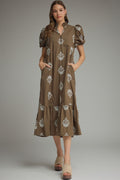 Botanical Embroidery Puff Sleeve Midi