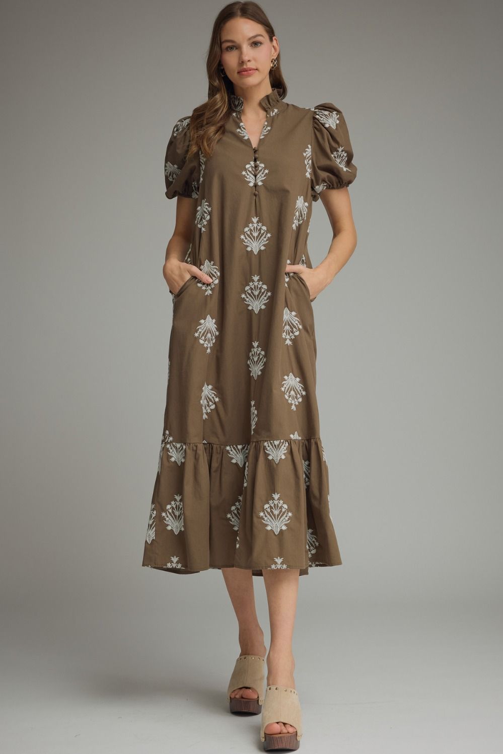 Botanical Embroidery Puff Sleeve Midi