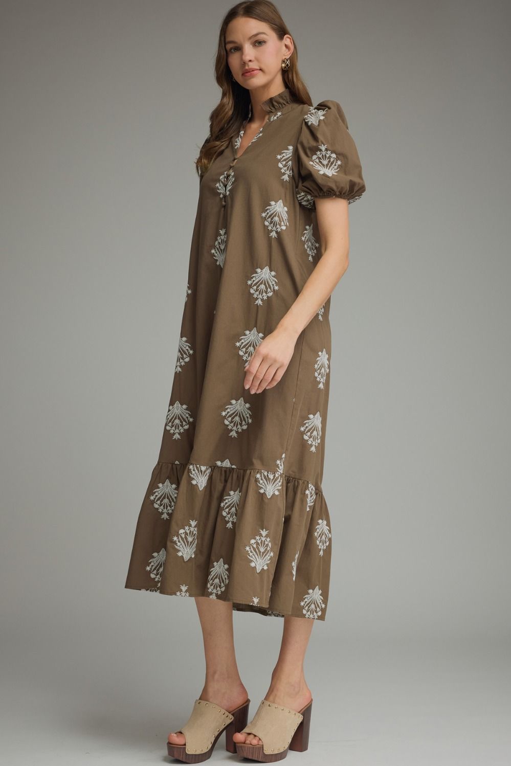 Botanical Embroidery Puff Sleeve Midi