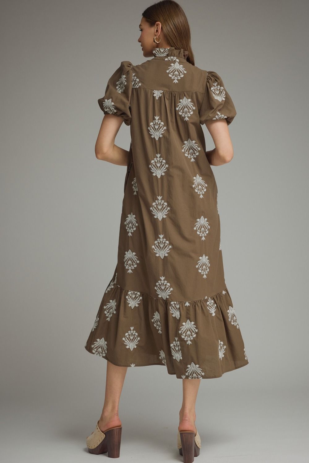 Botanical Embroidery Puff Sleeve Midi