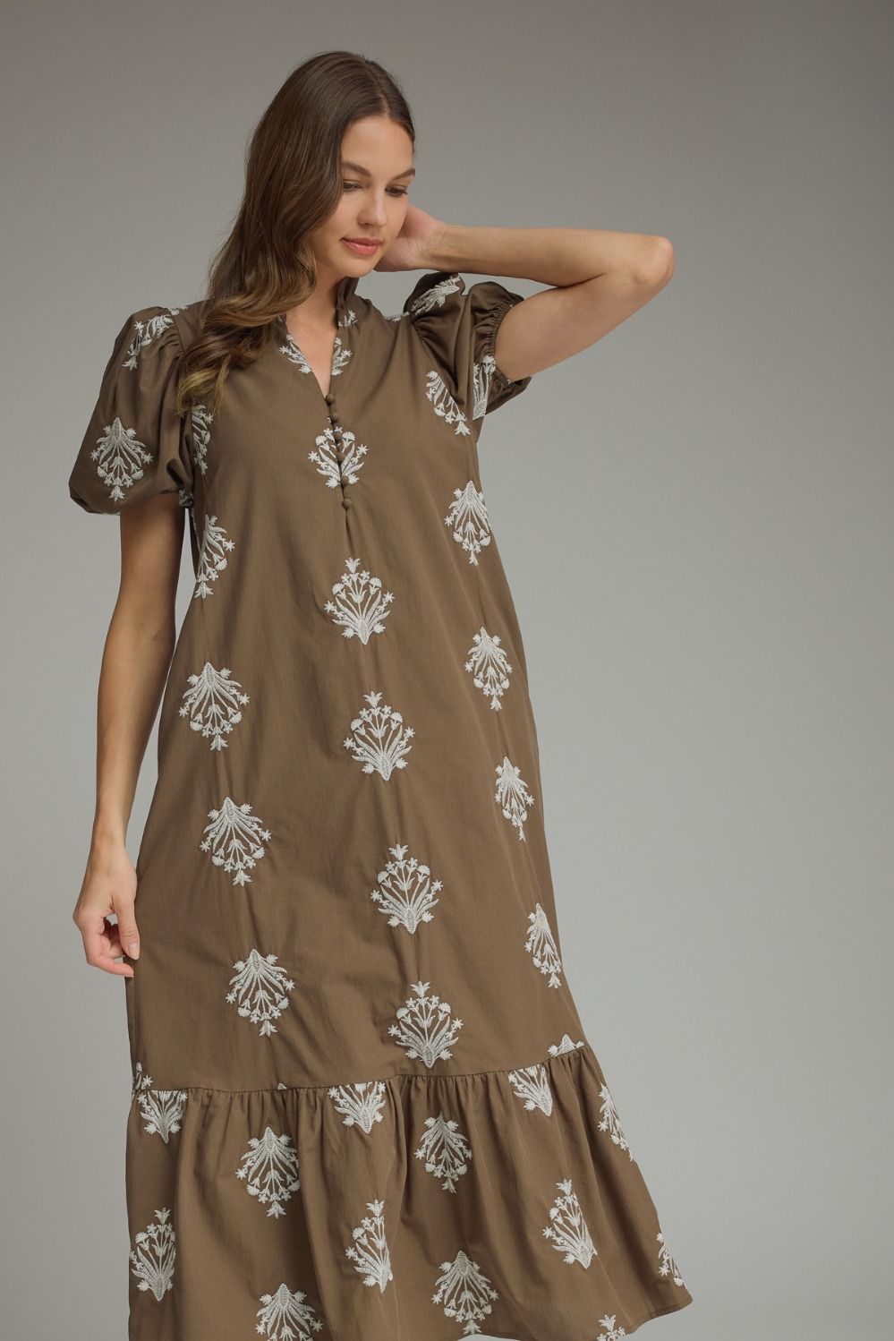 Botanical Embroidery Puff Sleeve Midi