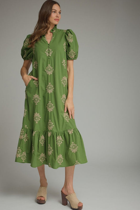Botanical Embroidery Puff Sleeve Midi