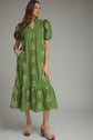 Botanical Embroidery Puff Sleeve Midi