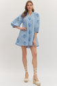 Embroidered 3/4 Puff Sleeve Mini Dress