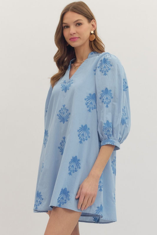 Embroidered 3/4 Puff Sleeve Mini Dress