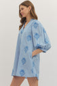 Embroidered 3/4 Puff Sleeve Mini Dress