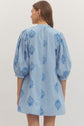 Embroidered 3/4 Puff Sleeve Mini Dress