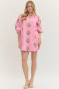 Pink and Green Embroidered 3/4 Sleeve Mini
