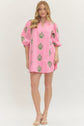 Pink and Green Embroidered 3/4 Sleeve Mini