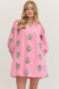 Pink and Green Embroidered 3/4 Sleeve Mini