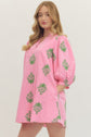 Pink and Green Embroidered 3/4 Sleeve Mini