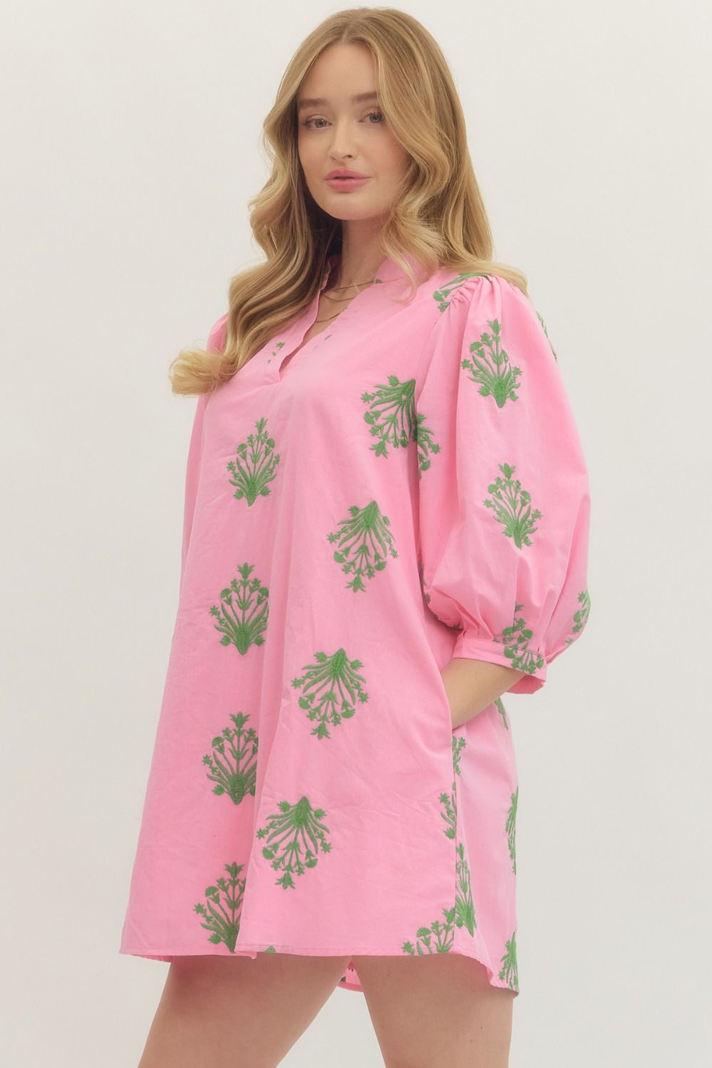 Pink and Green Embroidered 3/4 Sleeve Mini