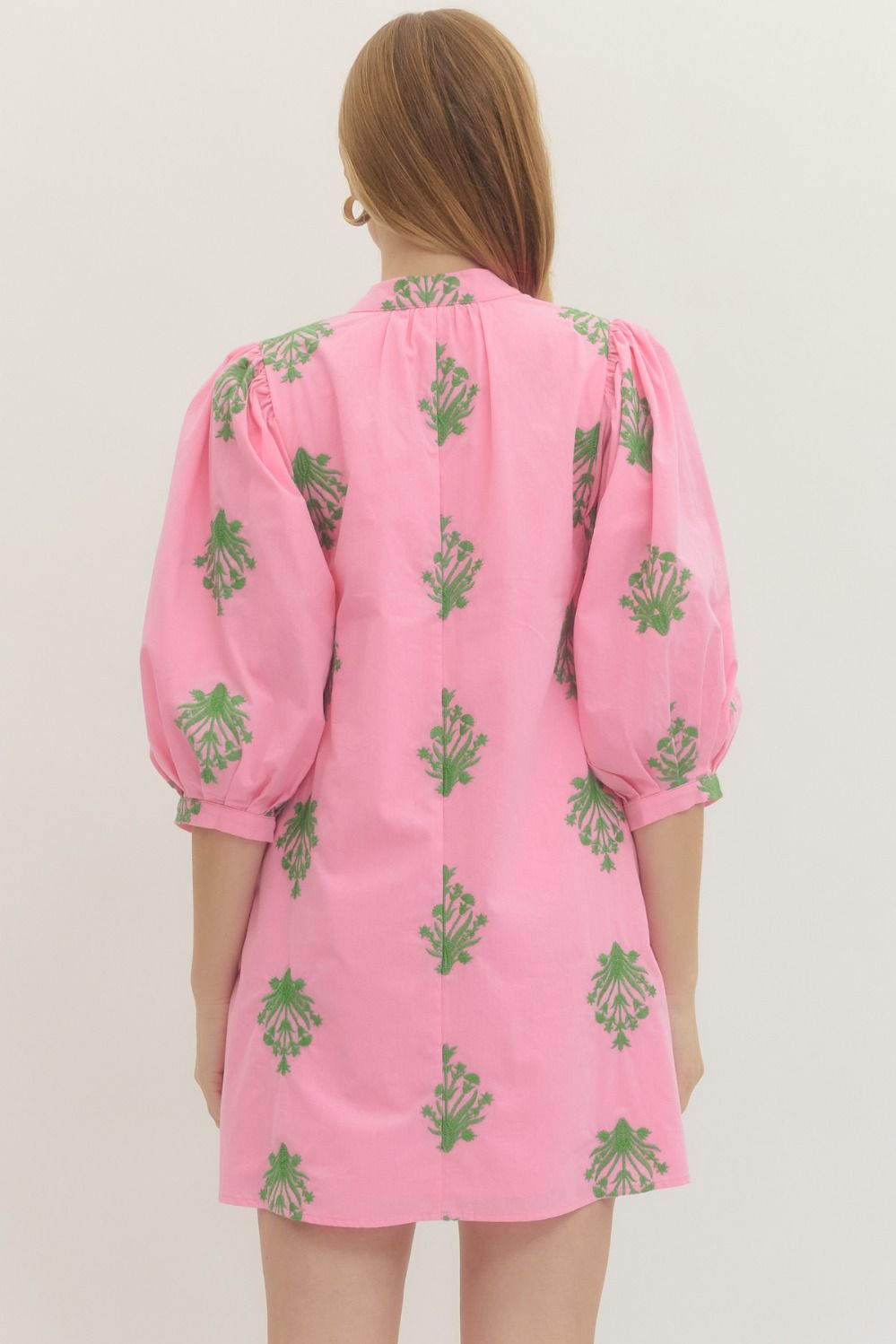Pink and Green Embroidered 3/4 Sleeve Mini