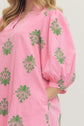 Pink and Green Embroidered 3/4 Sleeve Mini