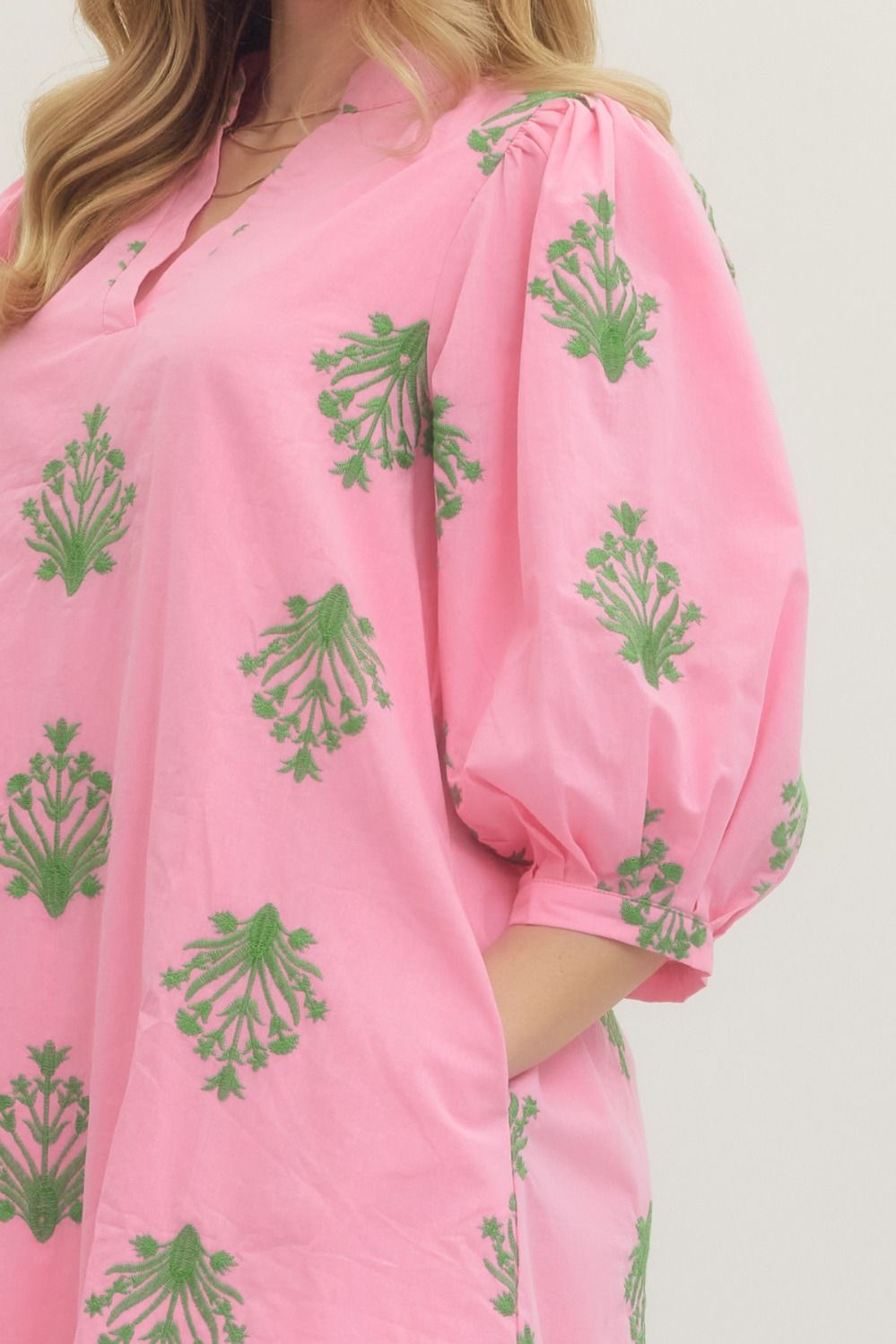 Pink and Green Embroidered 3/4 Sleeve Mini