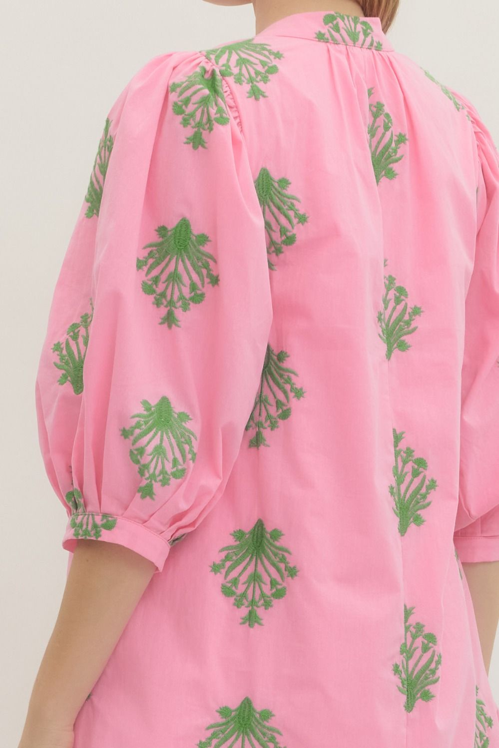 Pink and Green Embroidered 3/4 Sleeve Mini