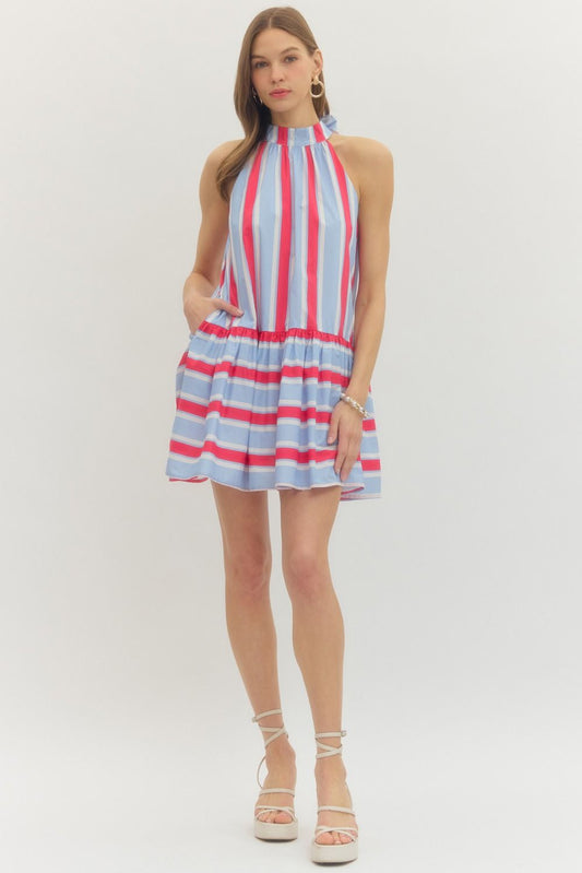 Striped sleeveless mini dress featuring back neck tie