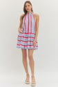 Striped sleeveless mini dress featuring back neck tie