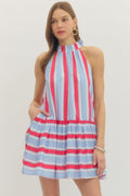 Striped sleeveless mini dress featuring back neck tie