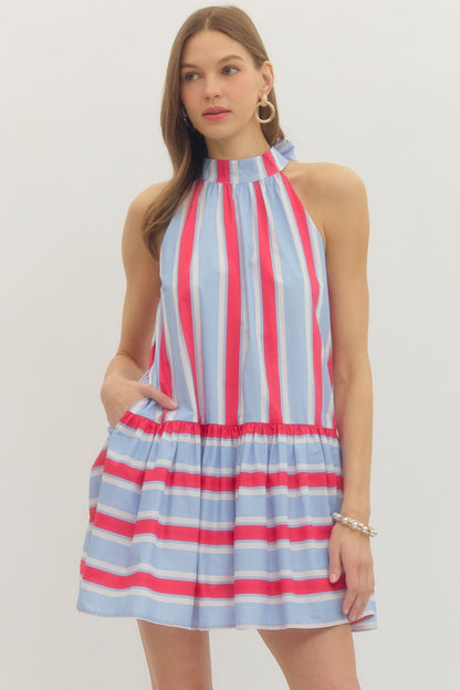 Striped sleeveless mini dress featuring back neck tie