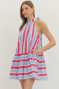 Striped sleeveless mini dress featuring back neck tie