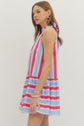 Striped sleeveless mini dress featuring back neck tie