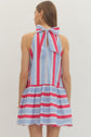 Striped sleeveless mini dress featuring back neck tie