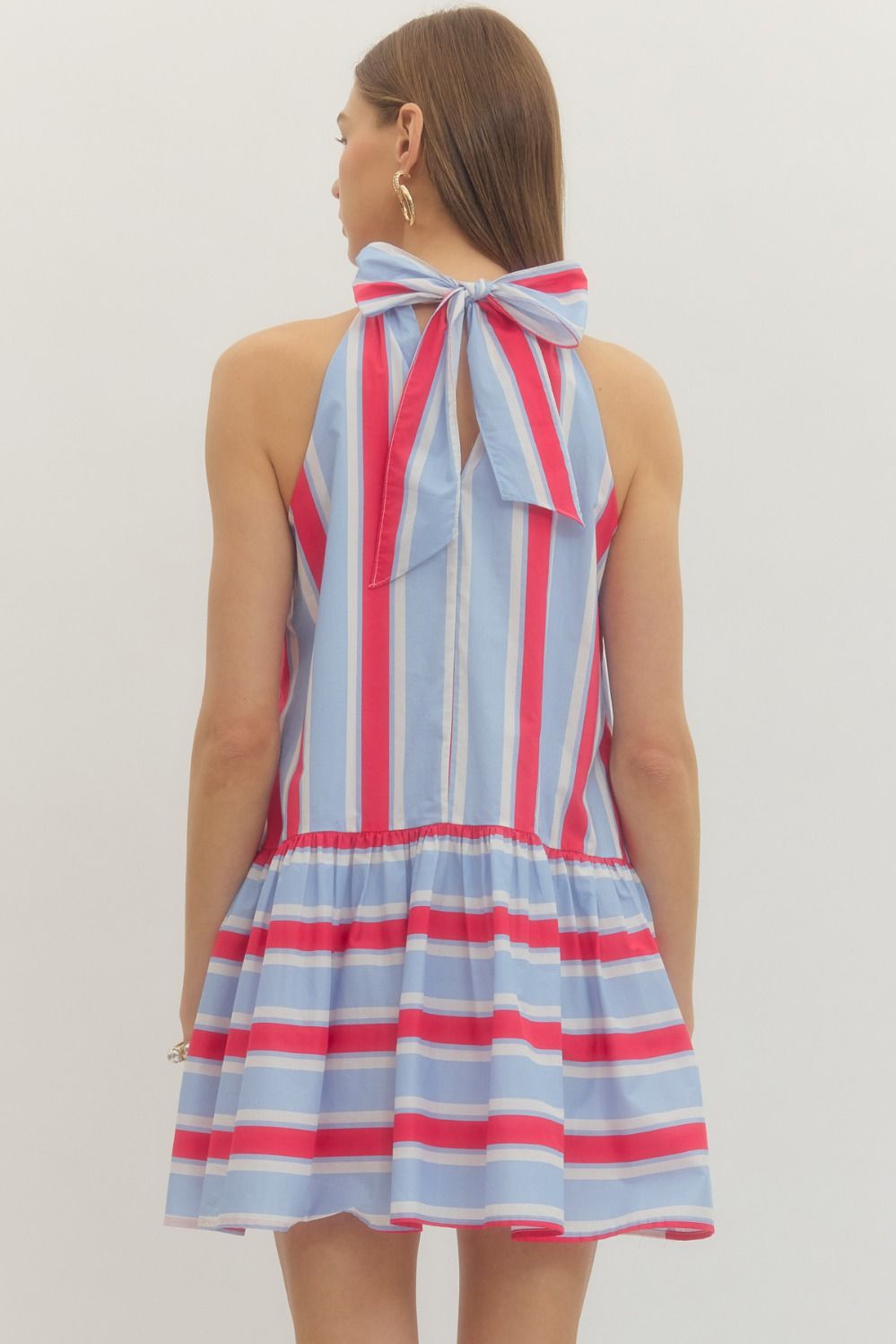 Striped sleeveless mini dress featuring back neck tie