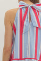 Striped sleeveless mini dress featuring back neck tie