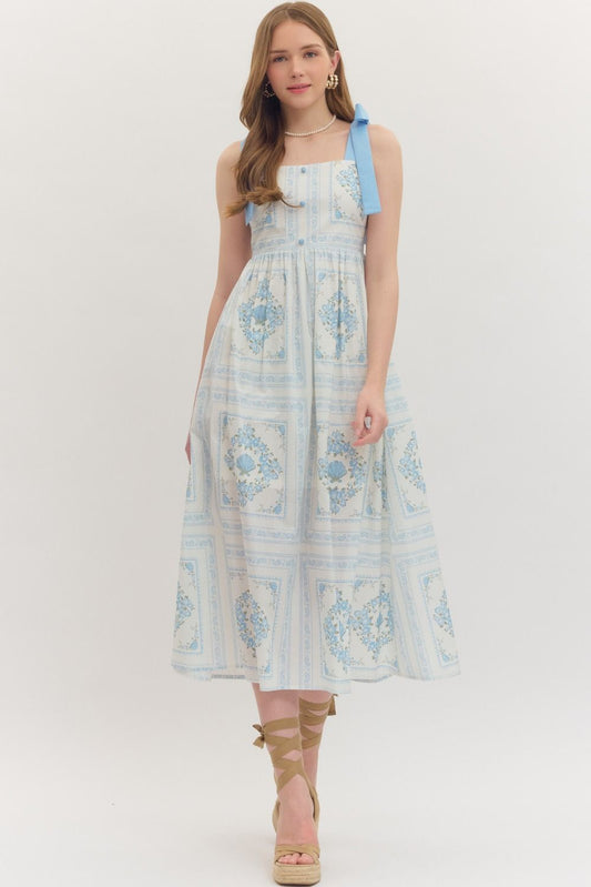 Blue Floral Midi with Smocked Back and Tie Straps