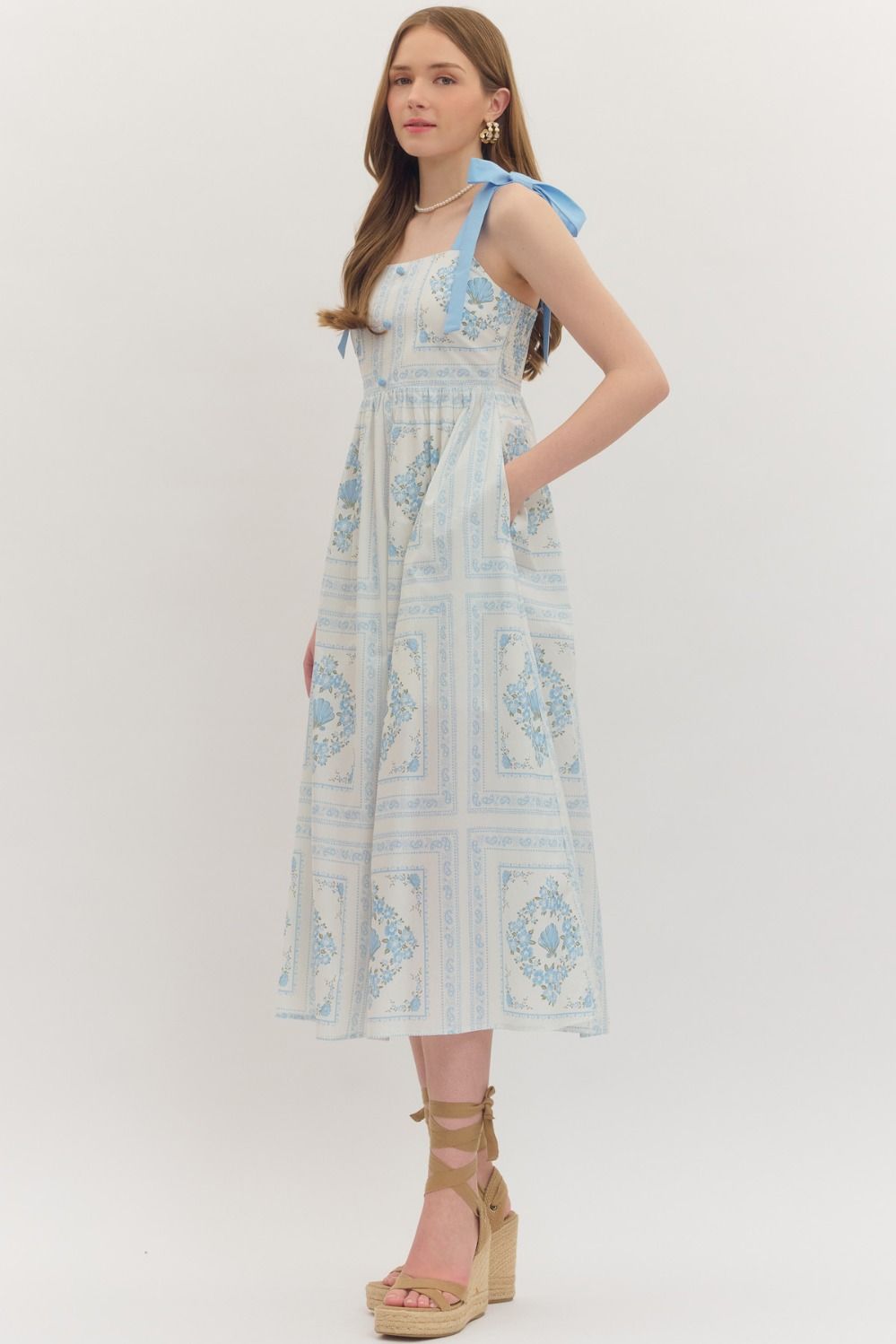 Blue Floral Midi with Smocked Back and Tie Straps