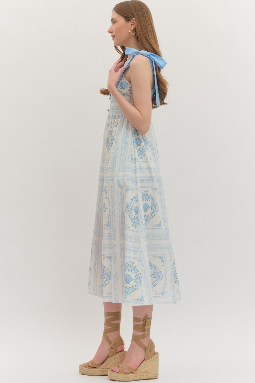 Blue Floral Midi with Smocked Back and Tie Straps