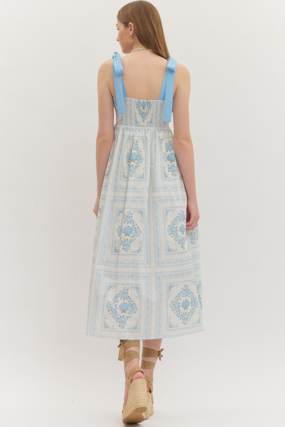 Blue Floral Midi with Smocked Back and Tie Straps