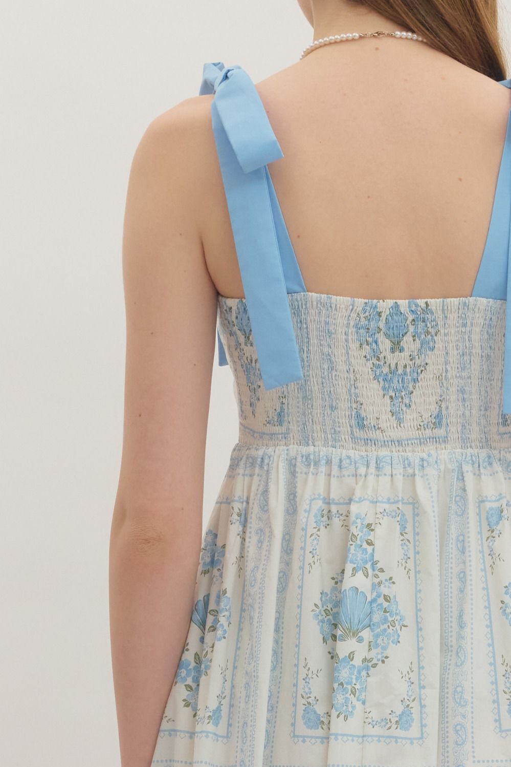 Blue Floral Midi with Smocked Back and Tie Straps