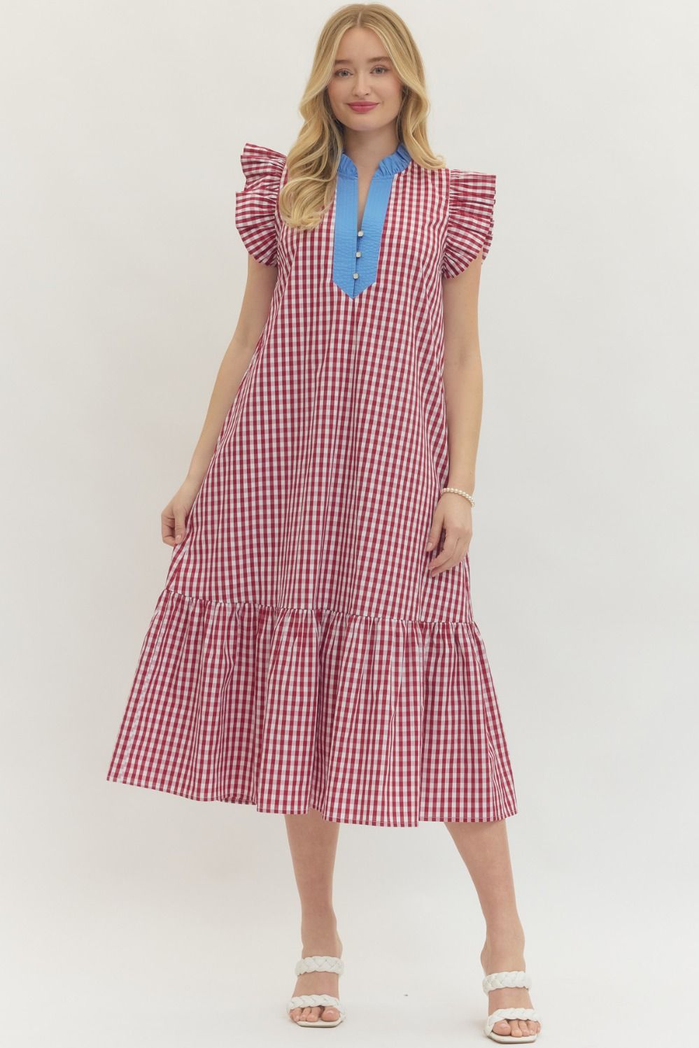 Gingham Flutter Sleeve Midi
