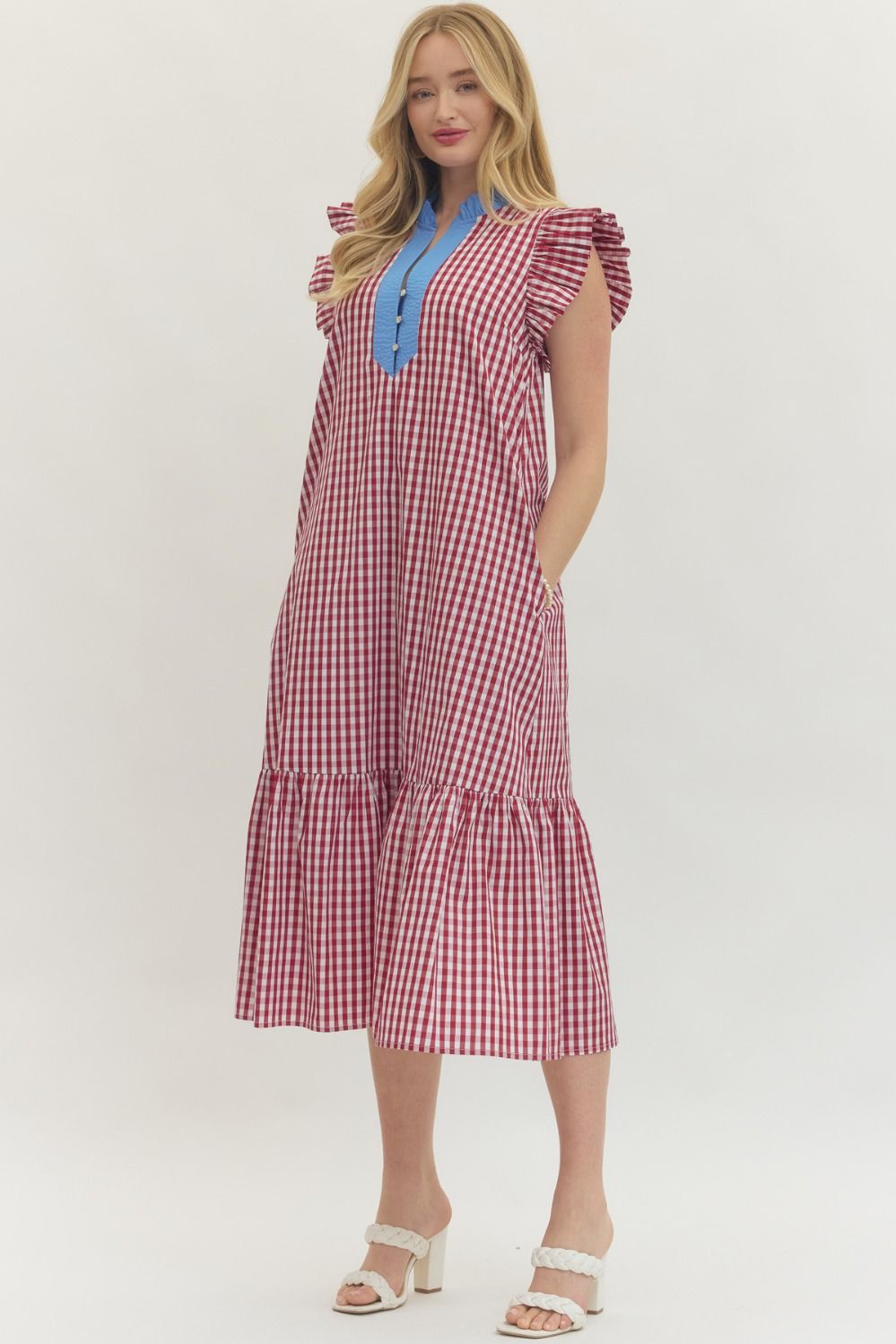 Gingham Flutter Sleeve Midi