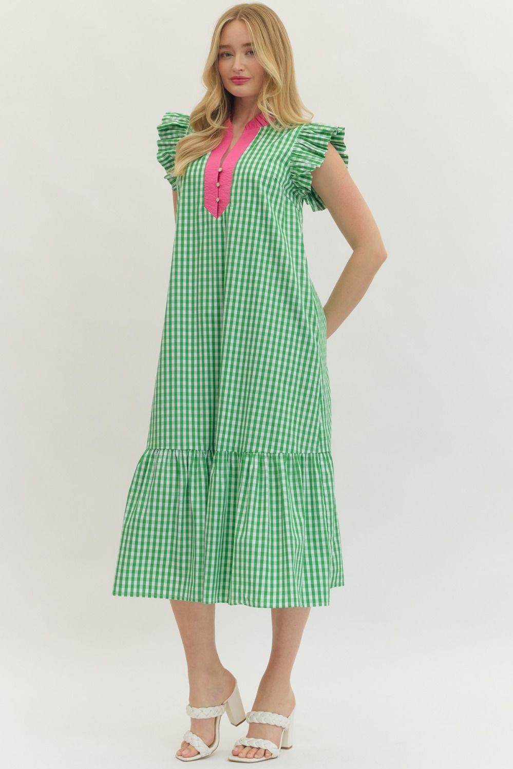 Gingham Flutter Sleeve Midi
