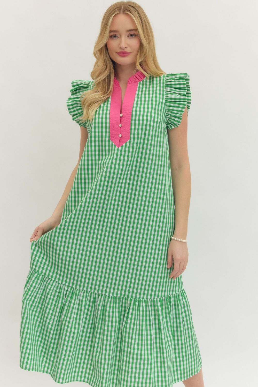 Gingham Flutter Sleeve Midi