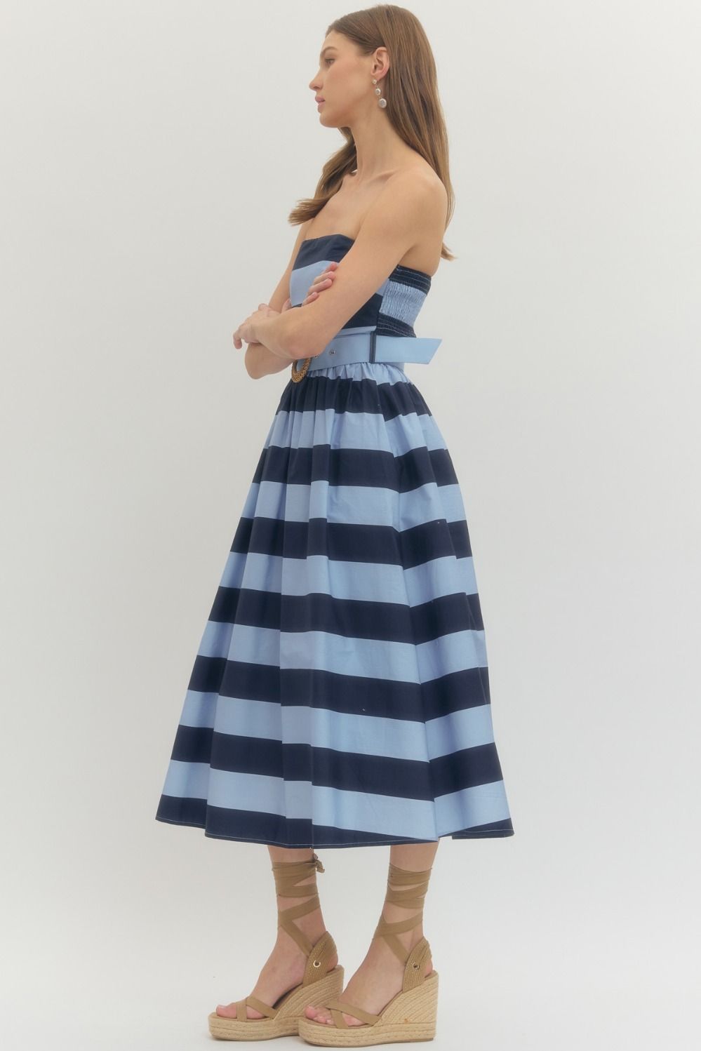Striped Strapless Midi with Buckle Detail