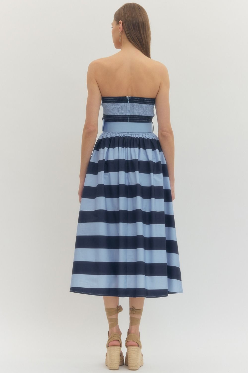 Striped Strapless Midi with Buckle Detail