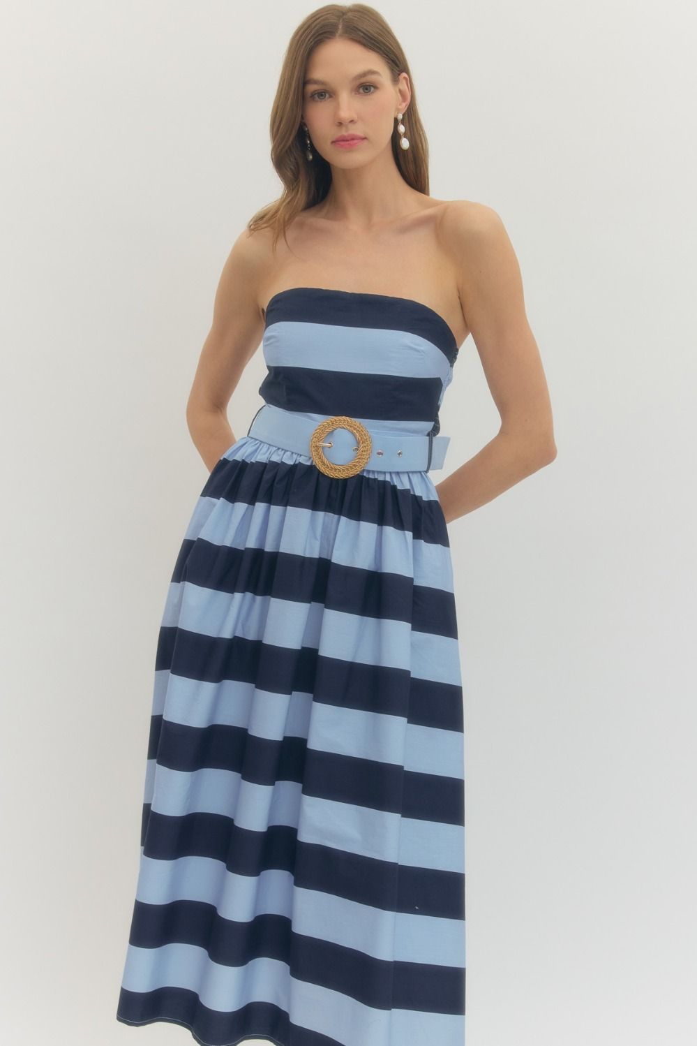 Striped Strapless Midi with Buckle Detail