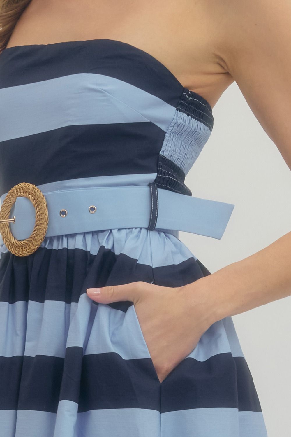 Striped Strapless Midi with Buckle Detail